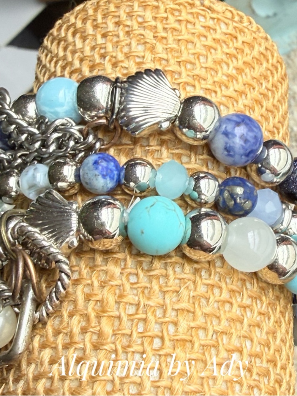 Turquoise, Aqua and Blue gemstones Beaded Multi-Strand Bracelet stack - Picture 4 of 7